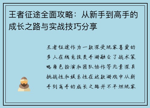 王者征途全面攻略：从新手到高手的成长之路与实战技巧分享
